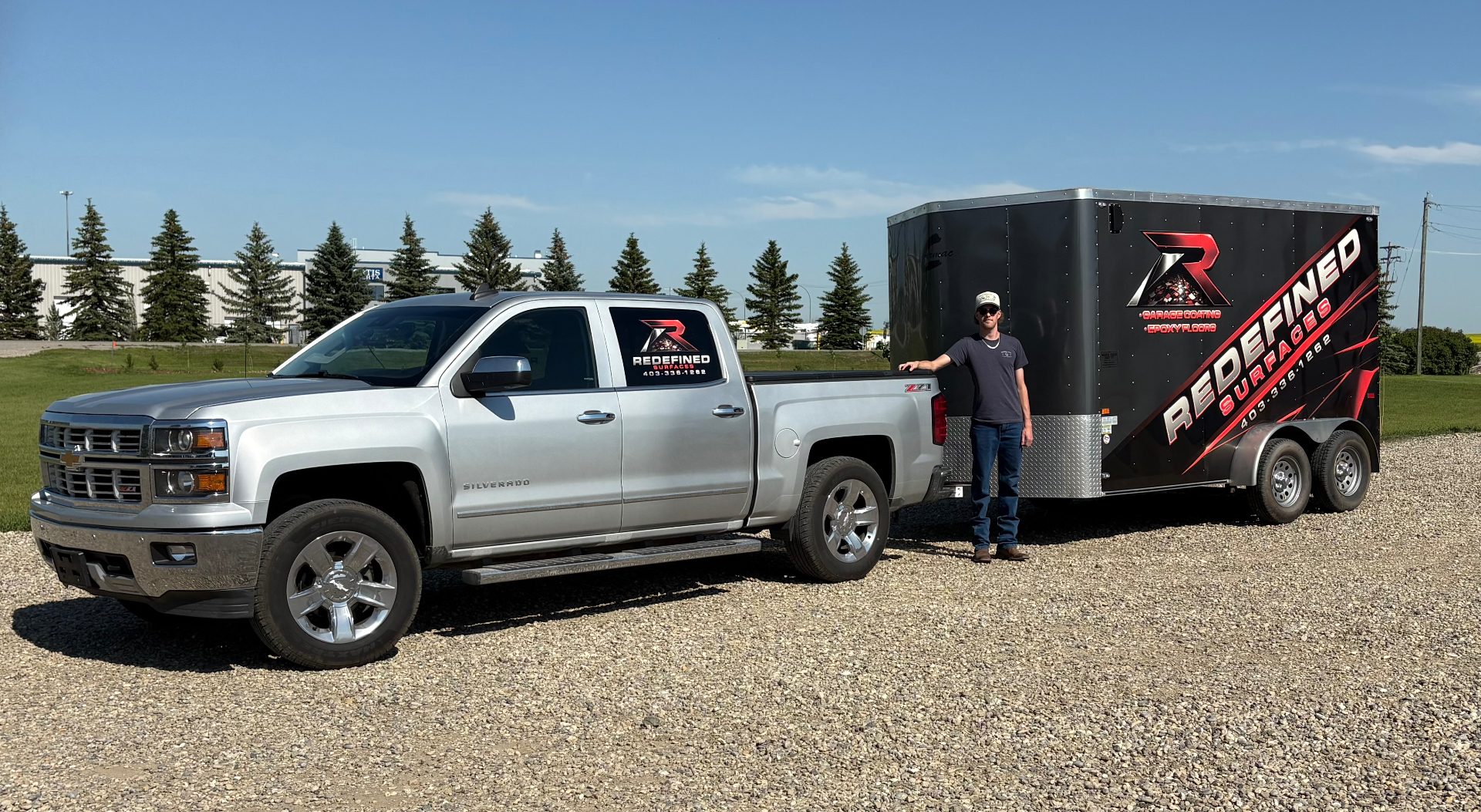 Redefined Surfaces truck and trailer on site in southern Alberta